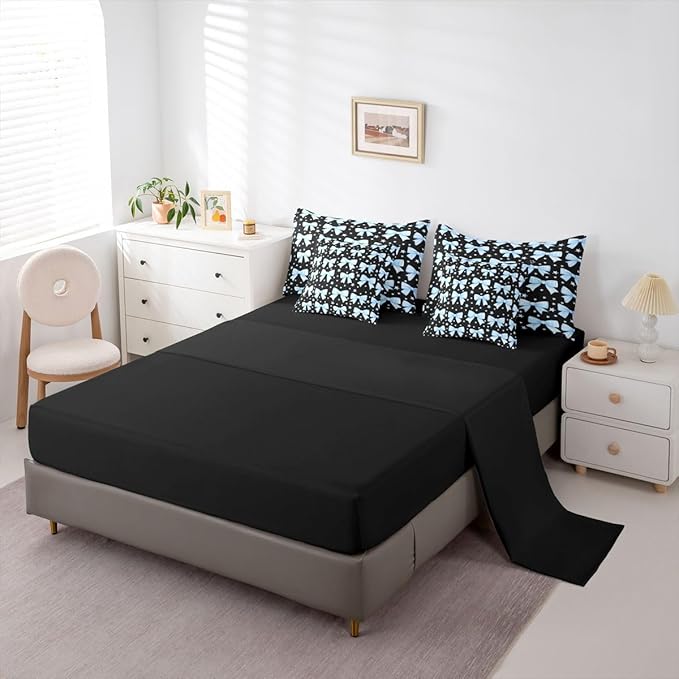 Erosebridal Bow Girls Black Blue Cute 7 Piece Bedding Set Twin | Dreamy Y2K Comforter Set with Sheets Bowknot Kawaii Bed in A Bag Starry Princess Bed Sets