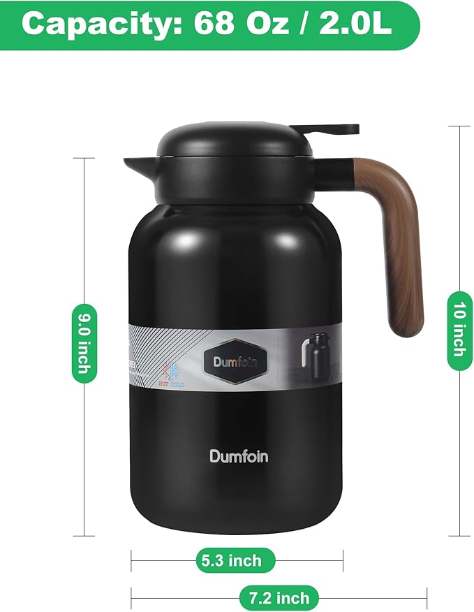 68 Oz Thermal Coffee Carafe, Stainless Steel Insulated Vacuum Coffee Carafes For Keeping Hot, 2 Liter Carafe for Hot Liquids (Matte Black)