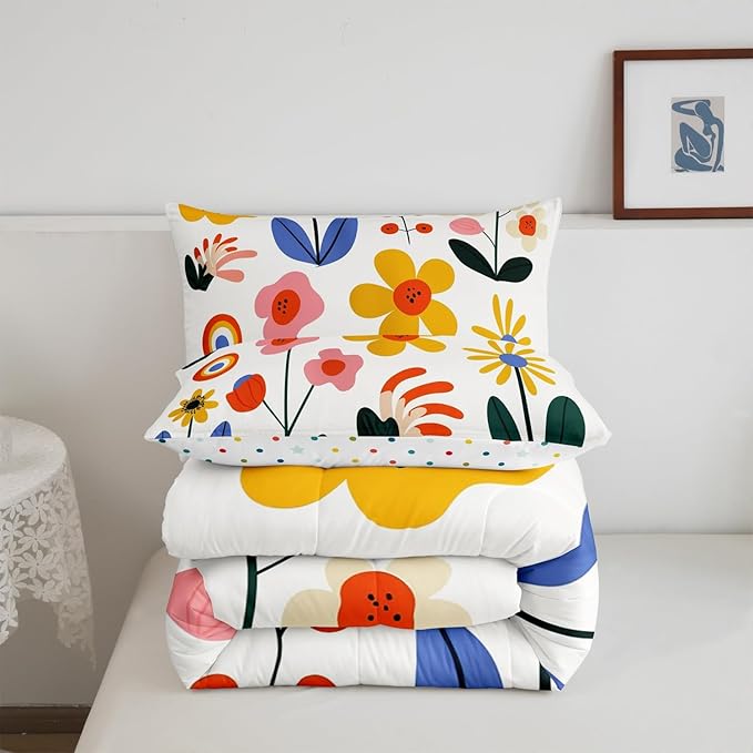 Hippie Floral Kids Twin Size Comforter Set,Groovy Flowers Leaves Cartoon Sketch Reversible Bedding Sets for Teens Bedroom Decor,Vintage 80s Retro Bohemian Quilted Duvet,1 Pillowcase