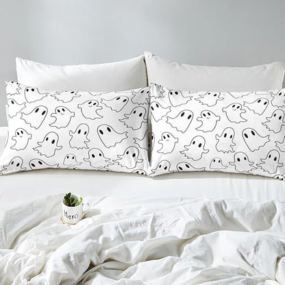Erosebridal Cartoon Ghost Queen Comforter Set, Halloween Ghost Bedding Set for Kids Boys Girls Teens Women Men Bedroom, Funny Halloween Decor Comforter, Cute White Spooky Quilt
