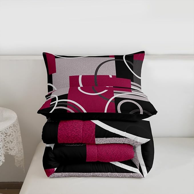 Erosebridal Modern Red Gray Black Bedding King Size Abstract Circles Striped Comforter Set Geometric Spiral Checkered Duvet Insert Chic Texture Quilted Comforter Bedroom Decor with 2 Pillow Covers