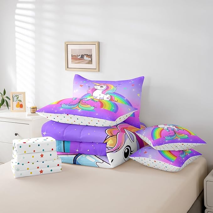 Erosebridal Unicorn 7 Piece Comforter Set Twin,Rainbow Unicorn Bedding Set for Little Kids Boys Girls Bedroom Decor,Purple Starry Sky Down Comforter,Kawaii Cartoon Animals Flat Fitted Sheet,Reverse