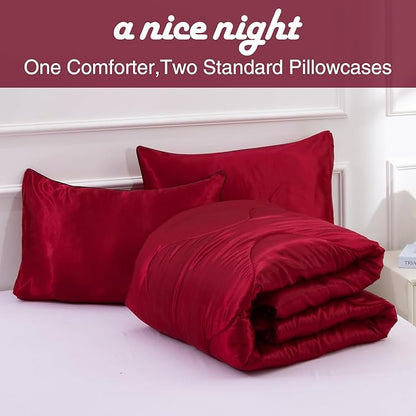 A Nice Night Satin Silky Soft Quilt Luxury Super Soft Microfiber Bedding Comforter Set Full/Queen, Light Weighted (Red, Queen)
