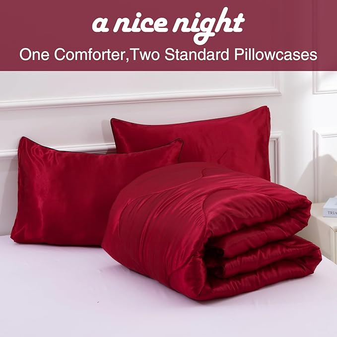 A Nice Night Satin Silky Soft Quilt Sexy Luxury Super Soft Microfiber Bedding Comforter Set, Light Weighted (Red, King)