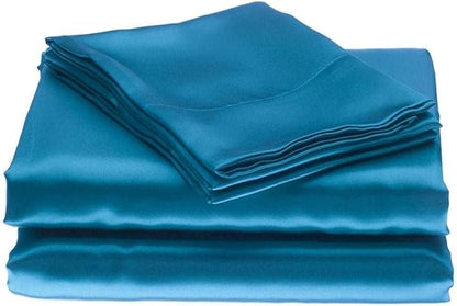 100% Pure Silk Satin Sheet Set 4pcs Silk Fitted Sheet 15"Deep Pocket Mattress fit,Silk Flat Sheet & Pillowcases Cool Soft Silk Sheets|Wrinkle Free Fade Resistant Short Queen Turq. Blue