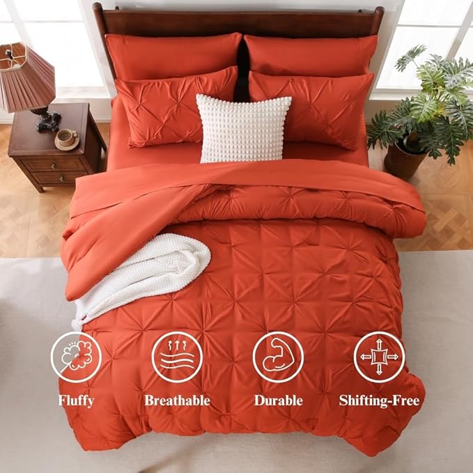 Sheet&Joy King Size Comforter Set, 7-Piece Bed in a Bag, Pintuck Bedding Set for All Season, Includes Comforter, Flat Sheet, Fitted Sheet, Pillowcases and Pillowshams, Orange