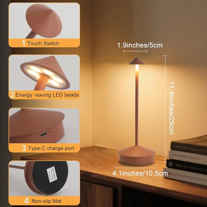 EJQ 2 Pack LED Cordless Table Lamp, Portable 6000mAh Rechargeable Aluminum, Touch Control Outdoor Table Lamp, 3 Color Dimmable Cordless Table Lamps for Restaurant, Patio, Bedroom, Outdoor - Brown