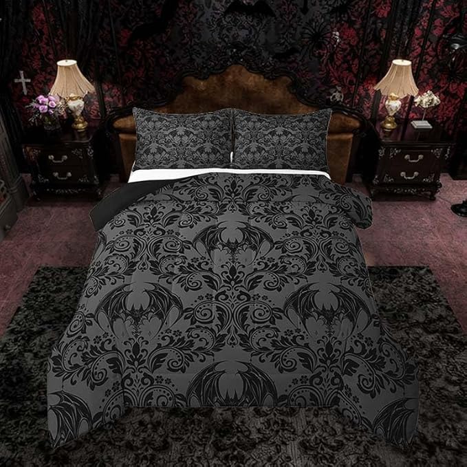 Feelyou Adults Gothic Comforter Set Queen Size Dark Olive Green Damask Comforter Bat Bohemia Boho Bedding Set Goth Duvet Set Vintage Victorian Baroque Floral Quilt Set 3Pcs