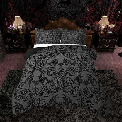 Feelyou Adults Gothic Comforter Set Queen Size Dark Olive Green Damask Comforter Bat Bohemia Boho Bedding Set Goth Duvet Set Vintage Victorian Baroque Floral Quilt Set 3Pcs