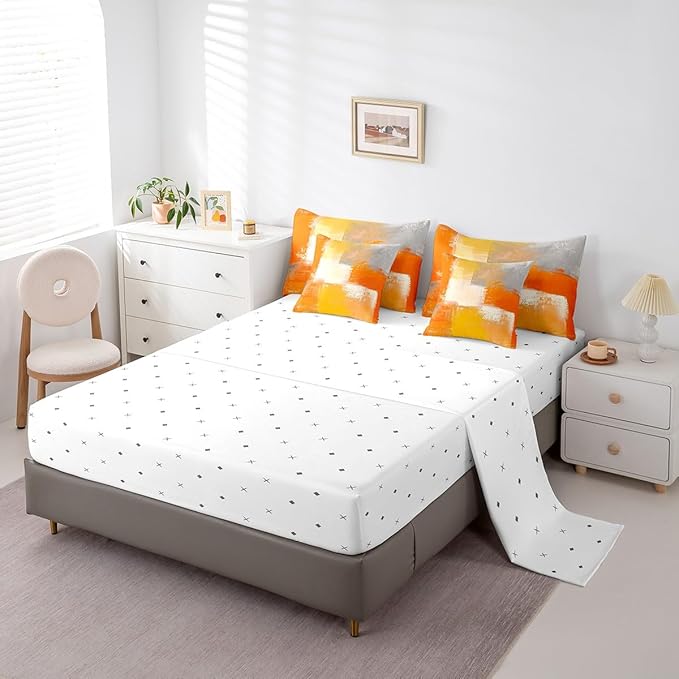Erosebridal White Gray Orange King Comforter Set 7pcs Aesthetic Bed in a Bag, Watercolor Bedding Comforter Sets (1 Comforter + 1 Fitted Sheet + 1 Flag Sheet + 2 Pillowcase + 2 Throw Pillow Cover)