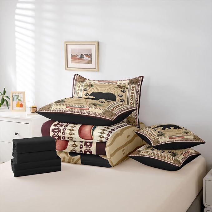 Erosebridal Bear 7 Piece Comforter Set Twin Rustic Cabin Decor Bedding Set Kids Teens Tribal Wild Animals Bed in A Bag Western Aztec Quilt Stump Bear Paw Print Sheet Set Exotic Nordic Style
