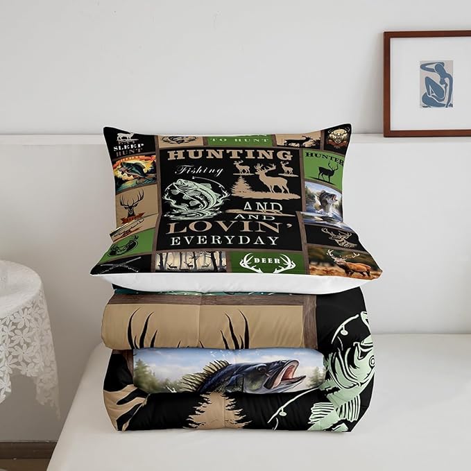 Feelyou Big Pike Fish Bedding Set Deer Comforter Set for Kids Teens Boys Fish and Hunt Duvet Set Antlers Fish Fishing Rod Inner Fill Comforter 1 Comforter Set with 2 Pillowcases Queen Size
