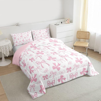 Erosebridal Pink Bow Bedding Set for Girls,Cute Kawaii Bowknot Comforter Set Queen Size for Kids Teen Women,Romantic Coquette Bow Bedding Comforter Sets Dreamy Princess Style Bed Set