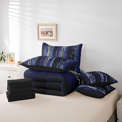 Erosebridal White Dark Blue Stripe Leopard Print Comforter Set Queen Size 7 Pieces | Cheetah Fur Geometric Bed in A Bag Women Men Adults Bed Set Animal Skin Pattern Bedding