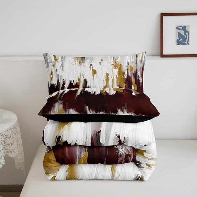 Erosebridal Burgundy Comforter Twin Ombre Abstract Art Bedding Set, Brush Marks Gradient Down Comforter Contemporary Vintage Bed Set, Watercolor Stripe Aesthetic Quilted Duvet