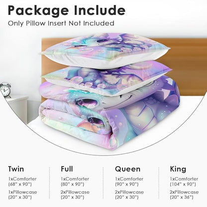 Cute Dragon Colorful Comforter Set for Kids Toddlers Teens Adults Queen, Blue Yellow Baby Bedding Sets Water Washed Microfiber Bedding with 1 Comforter 2 Pillowcase All Season