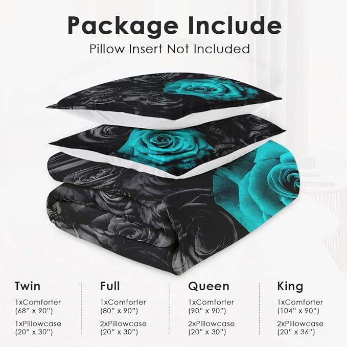 Queen Size Comforter Set with 2 Pillowcases, Cyan Rose Flower 3 Pcs Bedding for Kids and Adults, Summer Vintage Floral Soft Comforter Set for Bedroom Bed Decor