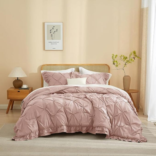 AMWAN Ruffled Pintuck Shabby Chic Farmhouse Comforter Set King Size 3 PCS (1 Solid Ruffled Comforter with 2 Pillowcases) Soft Fluffy Pinch Pleated Comforter Set All Seasons Comforter Set Dusty Rose
