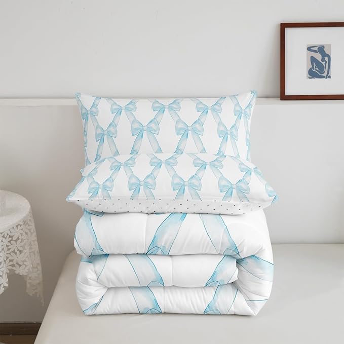 Erosebridal Ribbon Bow Girls King Bedding Set Blue White Bowknot Comforter Set Princess Style Bow Tie Bedding Comforter Sets Dreamy Watercolor Bowknot Quilt Duvet for Kids Bedroom Decor