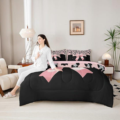 Feelyou Pink Silk Bowknot 7 Piece Bedding Set Twin Size Grey Leopard Comforter Set with Sheets for Kids Girls Women Black Pink Bed in a Bag Sweet Romantic Bed Set