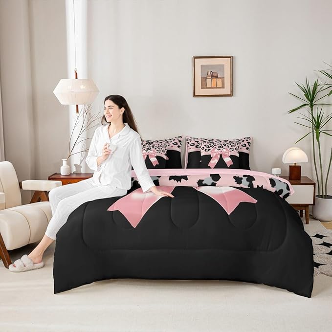 Feelyou Pink Silk Bowknot 7 Piece Bedding Set Full Size Grey Leopard Comforter Set with Sheets for Kids Girls Women Black Pink Bed in a Bag Sweet Romantic Bed Set