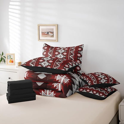 Erosebridal Western Aztec Bedding Set King 7 Piece Rustic Southwestern Tribal Comforter Set Bohemian Geometric Vintage Bed in A Bag for Adults Boho Tribal Farmhouse Style Quilt with Flat Fitted Sheet