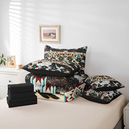 Erosebridal Aztec King Comforter Set Leopard Print 7-Piece Bed in A Bag Cowhide Exotic Fur Ink Splash Cheetah Ethnic Sheets and Pillowcases Beige Green Bed Sets