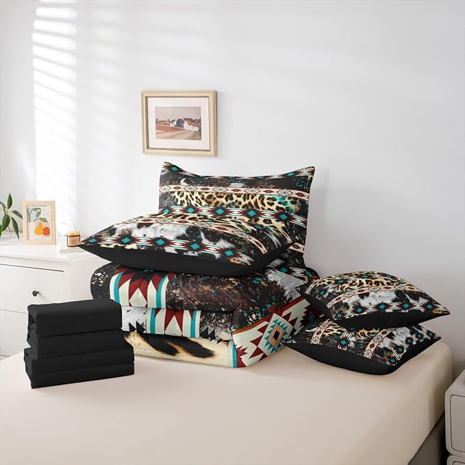 Erosebridal Aztec Comforter Set Leopard Print Bed in A Bag Queen Size 7 Pieces Cowhide Exotic Fur Ink Splash Cheetah Ethnic Bed Set Beige Green Bedding