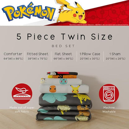 Pokemon Bedding Set, Twin Size 5 Piece Set Kids Super Soft Cozy Reversible Comforter and Sheet Set with Sham, (100% Officially Licensed Product) by Franco