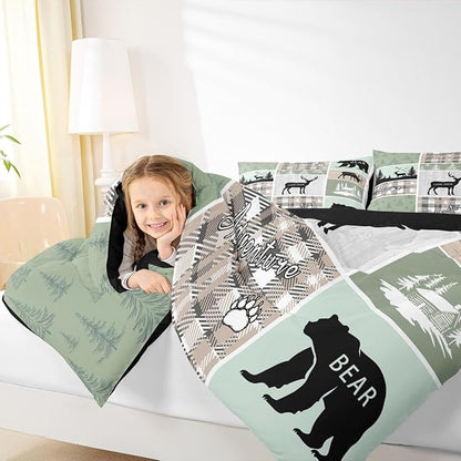 Erosebridal Bear Comforter Set, Rustic Farmhouse Bedding King Size for Kids Boys Teens Adult Bedroom, Vintage Cabin Lodge Quilt Forest Animal Wildlife Patchwork Duvet Insert Bear Decor for Nursery