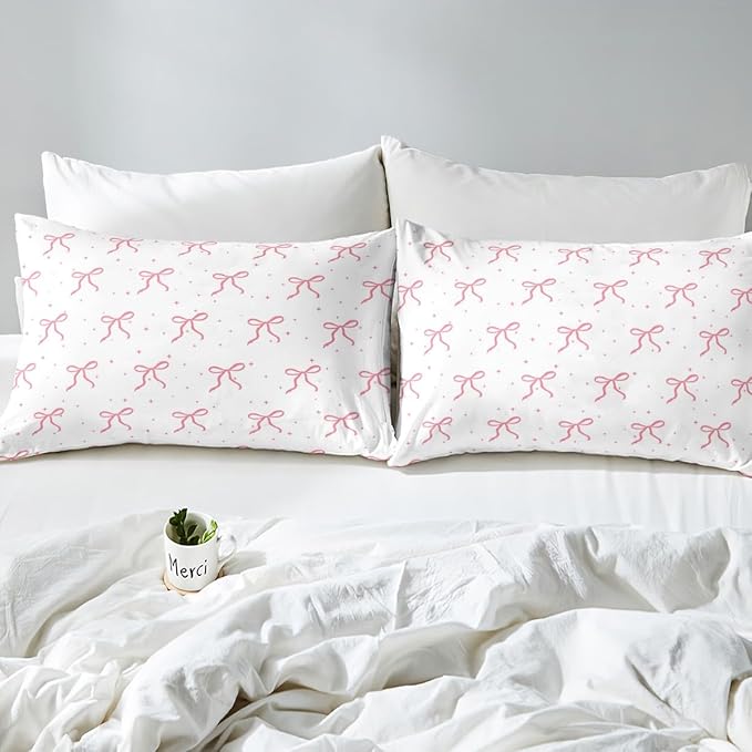 Erosebridal Girls Pink Bowknot Bedding Set Twin Size, Girly Bows Cartoon Comforter Set for Kids Teens Women Bedroom, Dreamy Princess Down Comforter, Princess Galaxy Stars Quilt with 1 Pillowcase