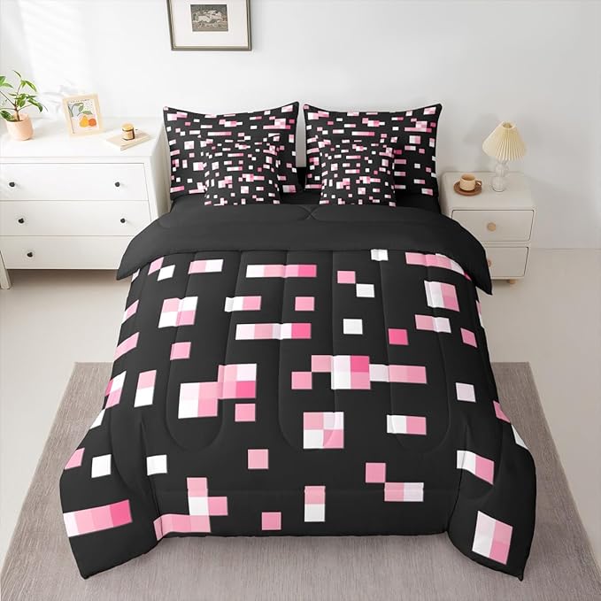 Castle Fairy Pink Geometric Grid 7 Piece Comforter Set Queen Size,Miner Theme All Season Reversible Bed in a Bag Geometric Grid Bedding Sets Pixelated Style Flat Sheet,Fitted Sheet,Pillowcases