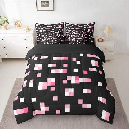 Castle Fairy Pink Geometric Grid Comforter Set - 7 Pieces Twin Size,Miner Theme All Season Reversible Bed in a Bag Geometric Grid Bedding Set Pixelated Style Flat Sheet,Fitted Sheet,Pillowcases