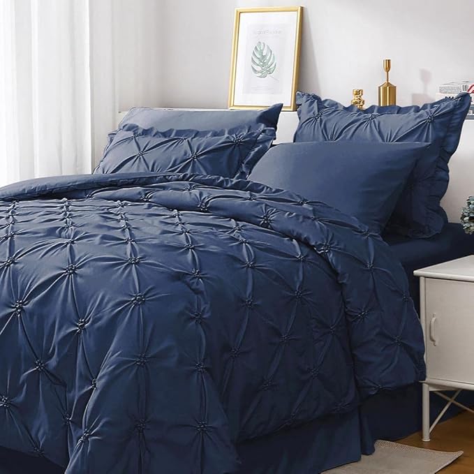 JOLLYVOGUE Navy Blue Cal King Size Comforter Sets 7 Pieces, Pintuck Bed in a Bag Comforter Set for Bedroom, Bedding Comforter Sets with Comforter, Sheets,Ruffled Shams & Pillowcases