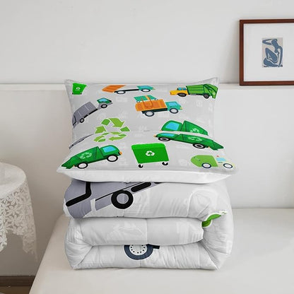 Feelyou Green Garbage Truck Bedding Set - Cartoon Trash Truck Comforter Set for Kids Boys Girls Teens - Green Vehicle Car Comforter Duvet Set with 1 Pillow Case