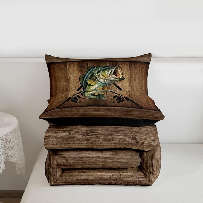 Erosebridal Camo Bass Fish Full Bedding Set Pike Fish Fishing Comforter Set for Kids Boys Teen Men Camouflage Hunting Bed Comforter Sets,Rustic Farmhouse Quilt Duvet