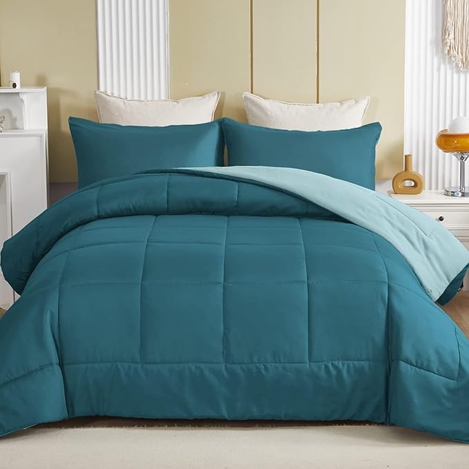 Exclusivo Mezcla Lightweight Reversible Queen Size Comforter Set, Down Alternative Comforter with 2 Pillow Sham, Queen Size Bedding Set for All Seasons, Dusty Teal/Aqua Blue