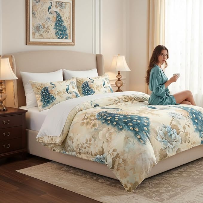 Peacock Comforter Set Full Size, Oriental Birds Floral Bedding Set, 3 Pieces Asian Bedroom Decor with 2 Pillowcases/79 * 90