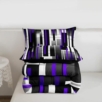 Castle Fairy Teens Black Purple Abstract Comforter Set Queen Size,Modern Bedding Set for Kids Boys Girls Bedroom Decoration,Stripes Art Bed Duvet Insert,Square Grid Comforter with 2 Pillowcases