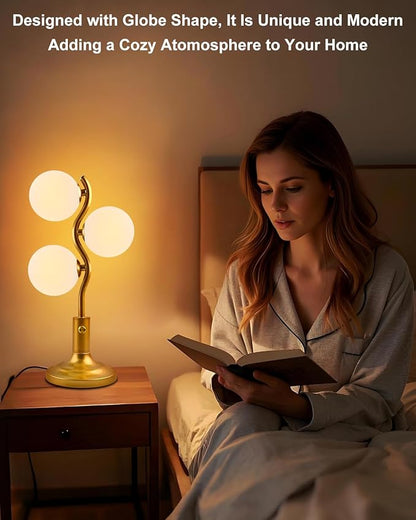 3-Globe Table Lamp for Bedroom, Mid Century Modern Gold Desk Lamp 3000K Warmwhite Dimmable Nightstand Bedside Lamp for Living Room Study Room(G9 Bulbs Included)