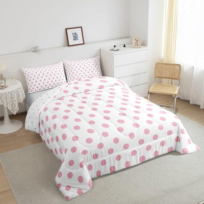 Manfei Pink Polka Dots Comforter Set King Size,French Style Dots Cartoon Cute Girly Bedding Set for Adults Room,Geometric Circles Pink White Simple Art Comforter,3 Pcs 2 Pillowcases