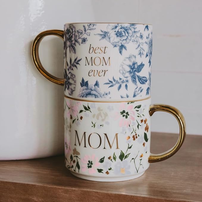 Sweet Water Decor Mug for Mom, 14oz Fine Bone China Cup with Gold Handle & Rim for Tea & Coffee Drinks, Gift Idea for Mother's Day, Mom's Birthday & Christmas, Cute Vintage Floral Design