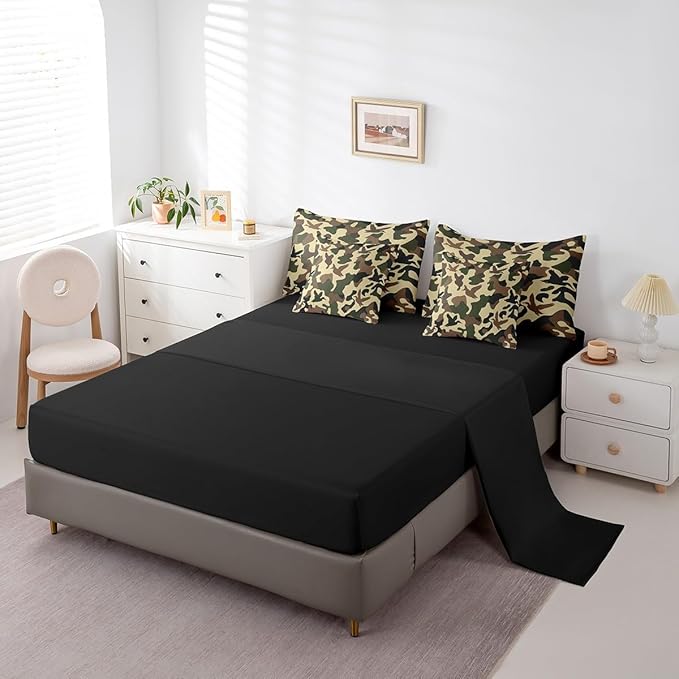 Erosebridal Duck Hunter 7 Pcs Bed Set Queen Size Camo Bedding for Kids Army Camouflage Hunting Bed in A Bag Sheet Set Vintage Brown Green Bedroom Decor Wild Animal Duck Rustic Comforter Set
