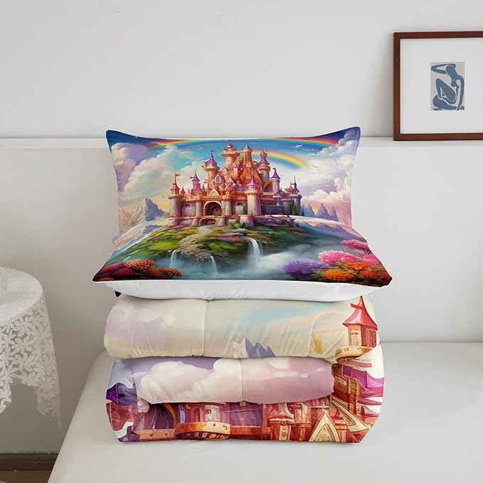 Manfei Castle Girlish Kids Comforter Set King Size,Rainbow Floral Garden Dreamy Bedding Set,Girls Women Room Decor,Princess Theme Romantic Down Comforter,Purple Colorful Duvet Insert,2 Pillowcases