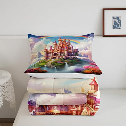 Manfei Castle Girlish Kids Comforter Set King Size,Rainbow Floral Garden Dreamy Bedding Set,Girls Women Room Decor,Princess Theme Romantic Down Comforter,Purple Colorful Duvet Insert,2 Pillowcases