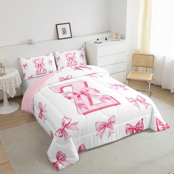 Erosebridal Kawaii Letter Z Bowknot Girls Bedding Set Dreamy Princess Style Queen Comforter Set for Kids Teen Women,Cute Initial Letter Z Bow Bedding Comforter Sets Pink Chic Girly Bed Set