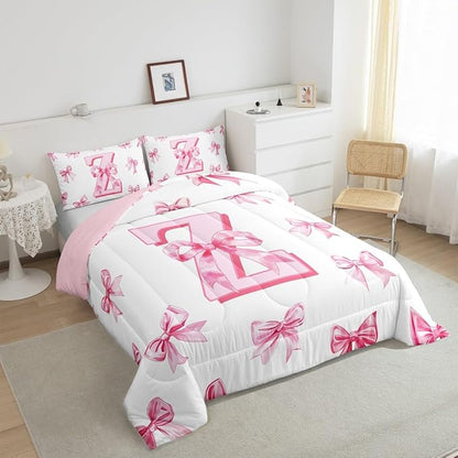 Erosebridal Kawaii Letter Z Bowknot Girls Bedding Set Dreamy Princess Style Queen Comforter Set for Kids Teen Women,Cute Initial Letter Z Bow Bedding Comforter Sets Pink Chic Girly Bed Set