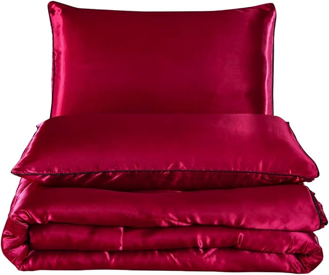 NTBED Silky Satin Comforter Set Queen (90''x90'') Luxury Soft Lightweight Sexy Microfiber Bedding Comforter with 2 Pillow Cases for Summer Spring Autumn (Red, Queen)