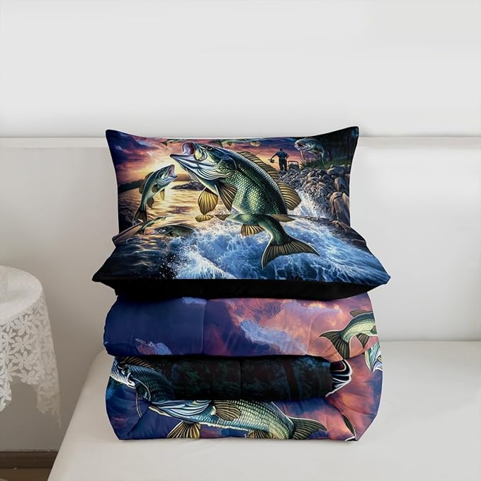 Erosebridal Bass Fishing King Bedding Set - Pike Fish Fisherman Comforter Set for Boys Kids Teen | Lake House Theme Quilt | Rustic Farmhouse Cabin Bedroom Decor with 2 Pillowcases