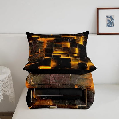 Erosebridal Black and Orange Comforter Set Queen Modern Abstract Queen Bedding, 3D Glowing Plaid Bedding Comforter Sets Gradient Grid Duvet, Neon Square Quilted Comforter 3pcs (Black Reversible)